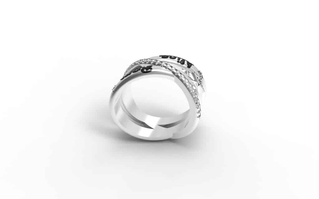 טבעת זהב לבן משולבת ומשבצת יהלומים עם שמות הילדים תכשיטי שמות